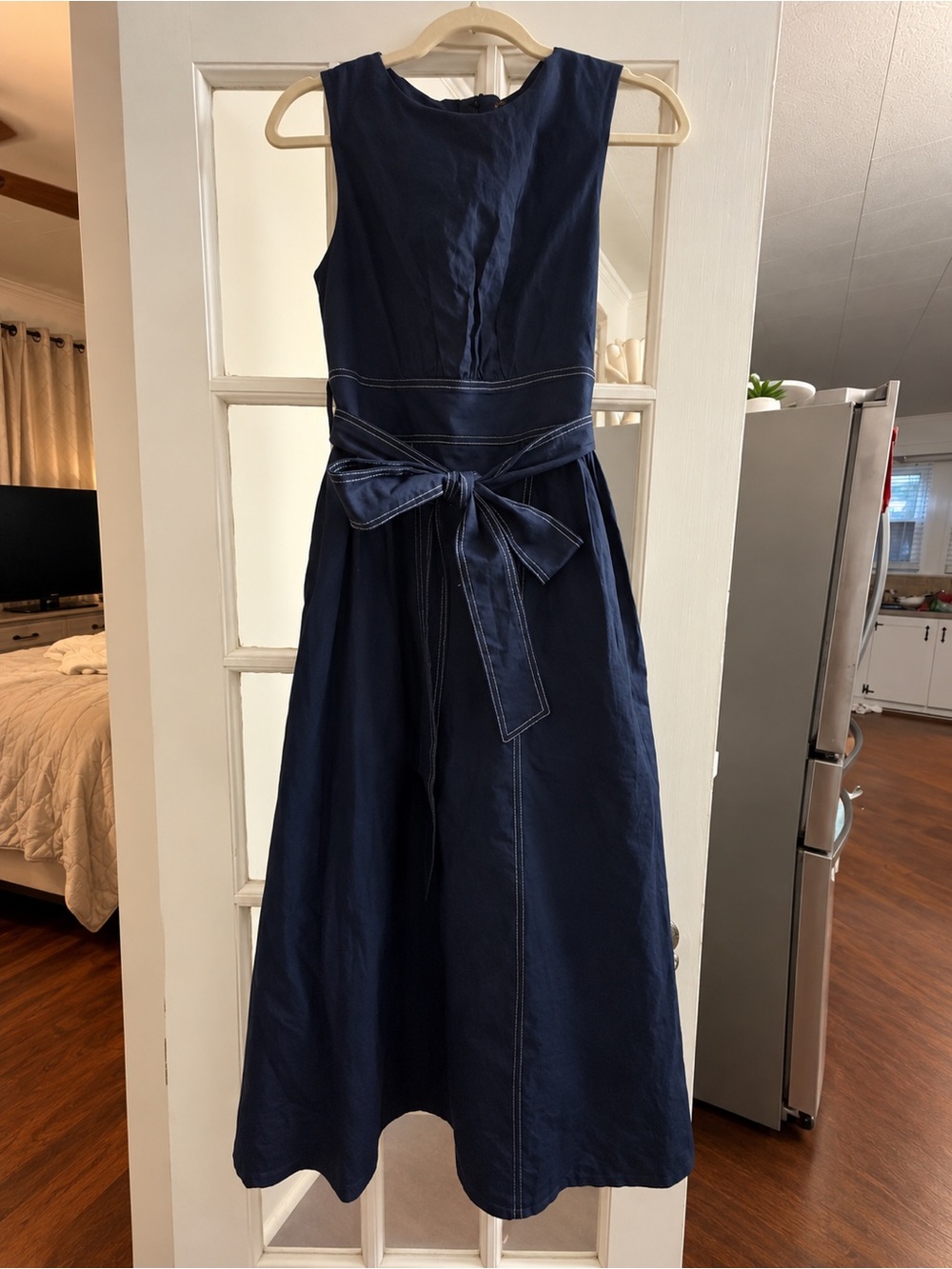 COMMENSE Cotton Linen Sleeveless Belted Midi Dress Navy S NWT